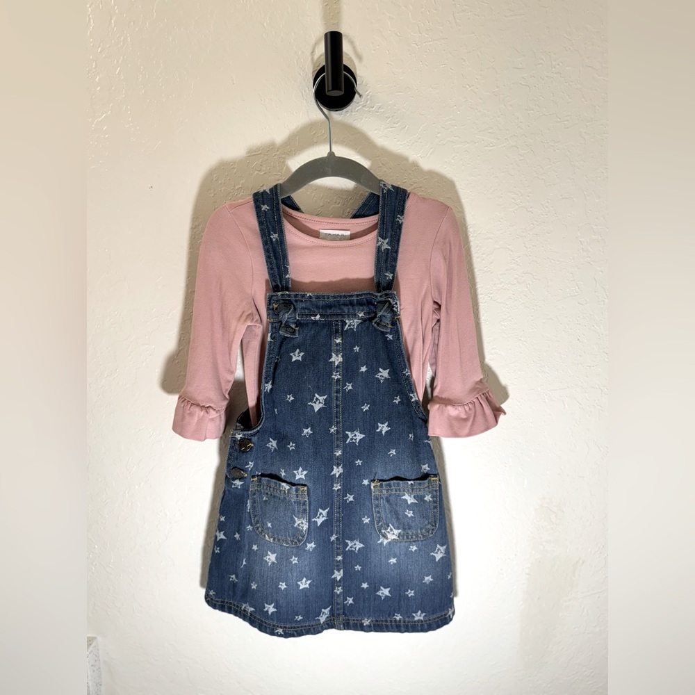 TAHARI Baby Girls Overall Dress and Pink Bell Sleeve Top Two Piece Set Size 4T